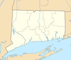 Mapa konturowa Connecticut, po prawej nieco na dole znajduje się punkt z opisem „Old Mystic”