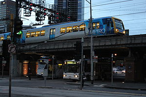 Tram next to a bus, with a train passing above