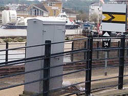 Ryde Esplanade looking south with a Fixed Distance Board in the foreground. The Signal ID is WFP (Whisky Foxtrot Papa) 34 R with a Triangle (Delta) Plate to show that it is not a stop signal.