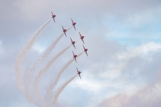 Red Arrows in formation flight at the Royal International Air Tattoo 2023.