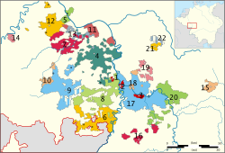 1789'da Pfalz-Bavyera'nın ilçeleri: 1: Frankenthal, 2: Mannheim, 3, 17: Heidelberg, 4: Alzey, 5: Bacharach, 6: Germersheim, 7: Kreuznach, 8: Neustadt, 9: Lautern, 10: Lauterecken, 11: Oppenheim, 12: Simmern, 13: Stromberg, 14: Veldenz, 15: Boxberg, 16: Bretten, 18: Ladenburg, 19: Lindenfels, 20: Mosbach, 21: Otzberg, 22: Umstadt