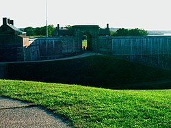 A view of the main gate of Fort Washington Park from a nearby hill, in October 2004.