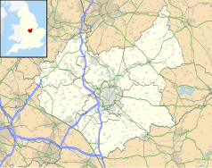 Mapa konturowa Leicestershire, u góry nieco na lewo znajduje się punkt z opisem „Lotnisko w Leicesterze”