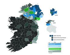 The results of the 1918 Irish general election, in which Sinn Féin and the Irish Parliamentary Party won the majority of votes on the island of Ireland, shown in the color green and light green respectively, with the exception being primarily in the East of the province of Ulster.