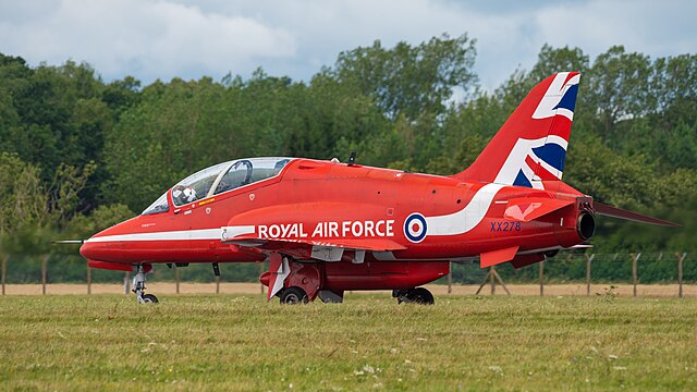 Red Arrows BAe Hawk T.1A (reg. XX278) taxiing at the Royal International Air Tattoo 2023.