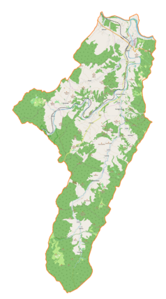 Mapa konturowa gminy Zagórz, u góry znajduje się punkt z opisem „ParafiaMatki Boskiej Gromnicznejw Porażu”