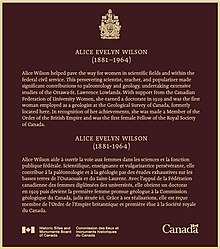 Plaque posthumously recognizing the significance of the work of Alice Wilson and her contributions to the field of geology.