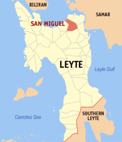 Mapa ng Leyte na nagpapakita sa lokasyon ng San Miguel.