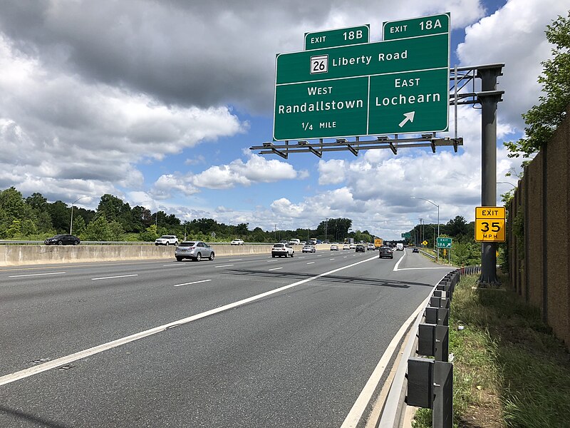 File:2019-06-14 11 45 33 View north along the Inner Loop of the Baltimore Beltway (Interstate 695) at Exit 18A (Maryland State Route 26 EAST-Liberty Road, Lochearn) on the edge of Lochearn and Milford Mill in Baltimore County, Maryland.jpg