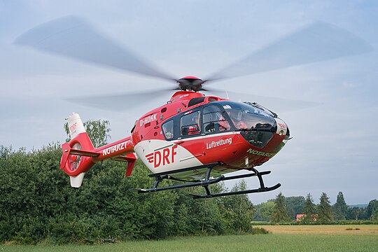 DRF Luftrettung Eurocopter EC135 P2 "Christoph 44" air ambulance helicopter (reg. D-HDRK, s/n 0477) during takeoff in Göttingen, Germany.