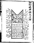 记载于《火龙经》上的“神行破阵猛火刀牌”，约1360-1375，装载有火枪的移动盾牌，用于破坏敌人的阵型