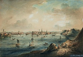 Riddarfjärden med Riddarholmen i fonden, 1780-talet. Målning av Johan Fredrik Martin.