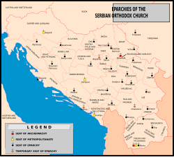 Diocèses (éparchies) de l'Église orthodoxe dans les pays de l'ex-Yougoslavie où les croyants sont traditionnellement présents (Note : l'ancienne éparchie de Šabac-Valjevo a été divisée en deux en 2006)