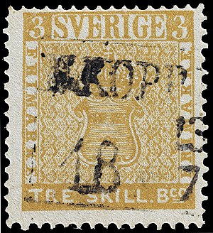 The Treskilling Yellow, a postage stamp with the Coat of Arms of Sweden on it