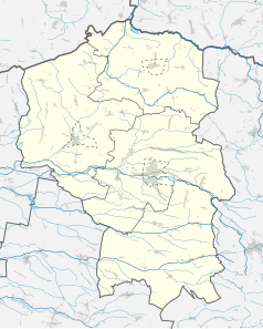 Mapa konturowa powiatu kluczborskiego, na dole nieco na prawo znajduje się punkt z opisem „Szumirad”