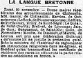 Protestation de 12 maires de l'arrondissement de Châteaulin qui déclarent refuser d'indiquer sur les certificats de résidence des curés s'ils utilisent la langue bretonne lors de l'instruction religieuse (catéchisme, sermons) (journal La Croix du 21 novembre 1902).