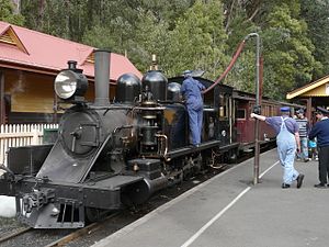 Puffing Billy tank engine No 8A taking on water at Lakeside.