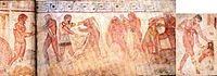 Fresco in the François Tomb: Liberation of Celio Vibenna, from left to right: Caile Vibenna, Mastarna, Larth Ultes, Laris Papathnas Velznach, Pesna Aremsnas Sveamach, Rasce, Venthikau and Aule Vibenna, right: Marce Camitlnas et Cnaeve Tarchunies Rumach