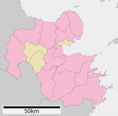 Mapa konturowa prefektury Ōita, u góry znajduje się punkt z opisem „Bungotakada”