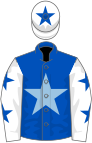 Royal blue, light blue star, white sleeves, royal blue stars, white cap, royal blue star