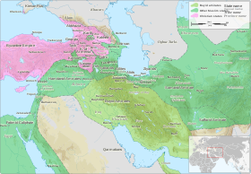 Map of the Middle East with countries and cities shown, and the Buyid domains highlighted in light blue