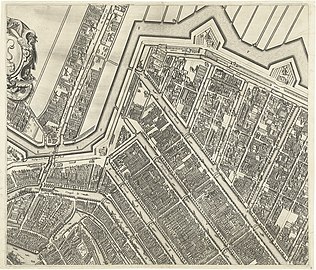 Map of Amsterdam by Balthasar van Berckenrode (1625). Shows Leidsegracht as the boundary of the buildings at the time, with the still short Prinsengracht (Prince Graft), ending at the Leidsegracht (top center).