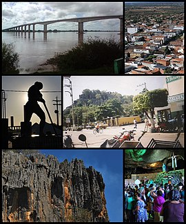 Acima, à esquerda, Ponte Gercino Coelho; à direita vista parcial da cidade, ao meio, à esquerda, estátua no Santuário do Bom Jesus da Lapa, ao lado, vista de uma das vias da cidade; abaixo, rochas da gruta no município; ao lado pessoas dentro do santuário.