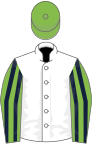 Light Green, Dark Blue striped sleeves, White cap