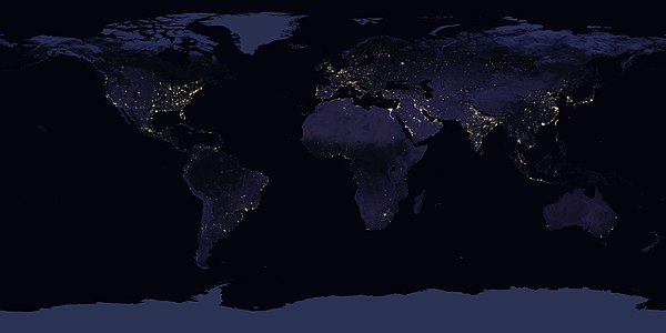 Composite image of the Earth at Night in 2016 by NASA. Lights are evidence of high human populations.