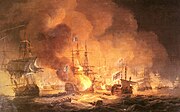 Le navire de guerre français Orient en feu, lors de la Bataille d'Aboukir, le 1er août 1798.