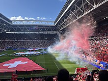 Lo stadio di Düsseldorf prima del quarto di finale di EURO 2024 tra Inghilterra e Svizzera.