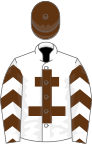 White, brown cross of lorraine, brown and white chevrons on sleeves, brown cap