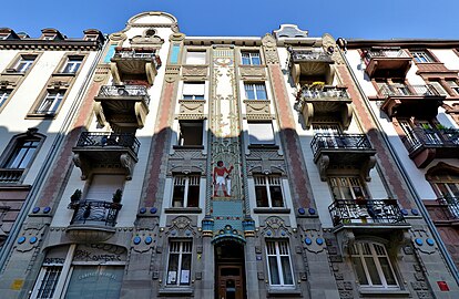 Mixed with Art Nouveau - Egyptian House (Rue du Général Rapp no. 10), Strasbourg, France, designed by the architect Franz Scheyder in collaboration with painter Adolf Zilly, 1905-1906[26]