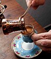 Turkish coffee is made in a pot called "cezve", generally of copper