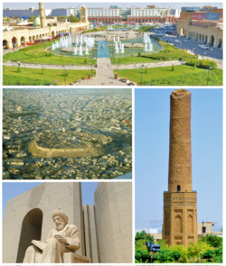 Clockwise, from top: Downtown, Mudhafaria Minaret, Statue of Ibn al-Mustawfi, and Citadel of Erbil