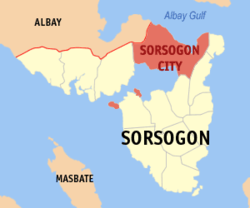 Mapa san Sorsogon nga nagpapakita kon hain nahamutang an Syudad san Sorsogon.