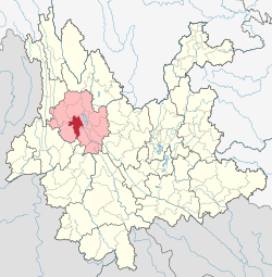 Location of Yangbi County (red) and Dali Prefecture (pink) within Yunnan