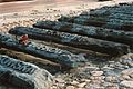 Close up of the railway sleepers showing the names of NKVD mass murder sites like Katyn