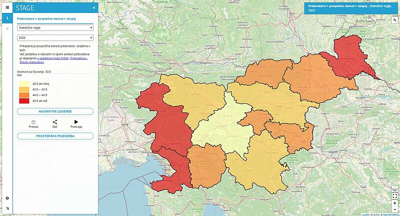 po statističnih regijah je prikazana povprečna starost prebivalcev, izražena v letih. Vir: SURS