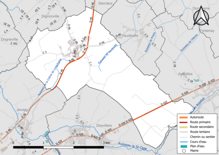 Carte en couleur présentant le réseau hydrographique de la commune