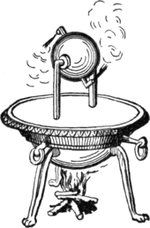 Line drawing of a sphere suspended between two uprights forming a horizontal axis. Two right-angle jet arms at the circumference expel steam that has been produced by boiling water in a closed vessel under the two uprights, which are hollow and let steam flow into the interior of the sphere.