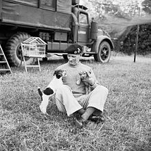 Le général Montgomery à son QG de Blay le 6 juillet 1944, avec ses jeunes chiens « Hitler » et « Rommel ». Derrière-lui, sa cage de canaris avec laquelle il voyage aussi.