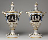 Neoclassical vases with covers; 1784-1795; soft-paste porcelain; height (with cover): 47.6 cm; made at the Real Fábrica del Buen Retiro; Metropolitan Museum of Art