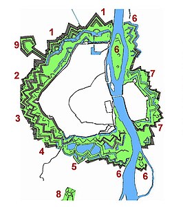 De Hoge en Lage Fronten (1 t/m 5): 1 Nieuwe Bossche Fronten; 2 Linie van Du Moulin; 3 verdwenen Hoge Fronten; 4 Waldeckbastion; 5 De Kommen