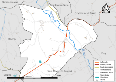 Carte en couleur présentant le réseau hydrographique de la commune