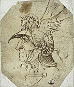 Sketch of a head in a parade helmet, Michelangelo, ca 1500