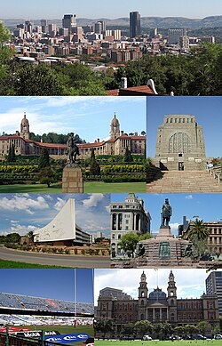 Clockwise from top left: Pretoria CBD skyline, Voortrekker Monument, Church Square, the Palace of Justice, Loftus Versfeld Stadium, Administration Building of the University of Pretoria and Front view of the Union Buildings.