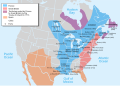 Image 12The colonial possessions of Britain (in pink), France (in blue), and Spain (in orange) as of 1750. The French later lost their possessions in North America to Britain following its defeat in the French and Indian War, fought from 1754 to 1763 (from History of Pennsylvania)