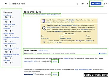 A mockup showing the proposed new design for desktop wikitext talk pages.