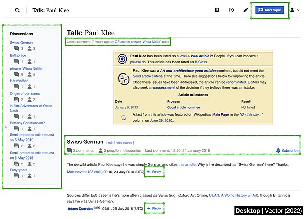 A mockup showing the proposed new design for desktop wikitext talk pages.